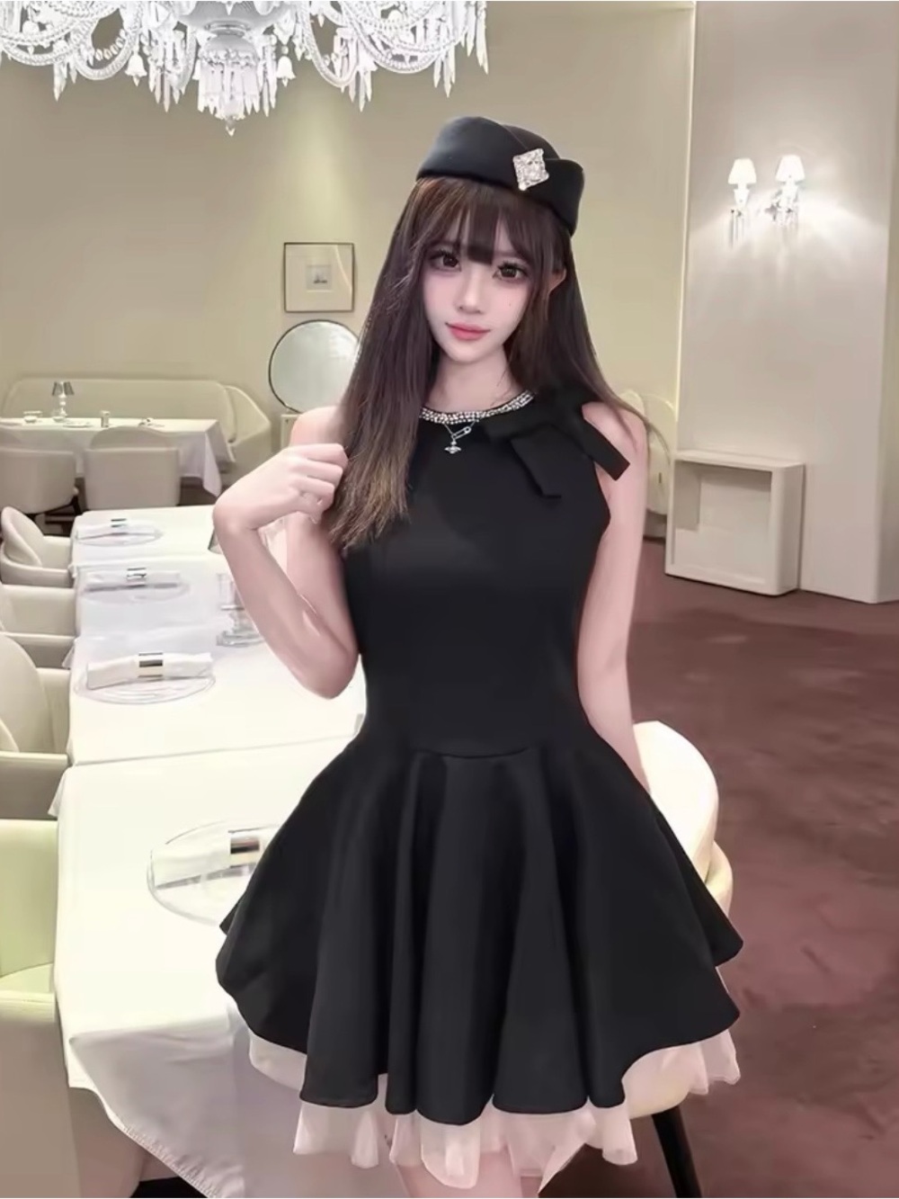 New Slimming Black Mini Dress Sleeveless Vest Size Small Knitted Fabric A-Line